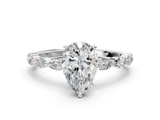 Pear Cut Lab Diamond Ring with Marquise Side Stones and Prong Setting| D VS1