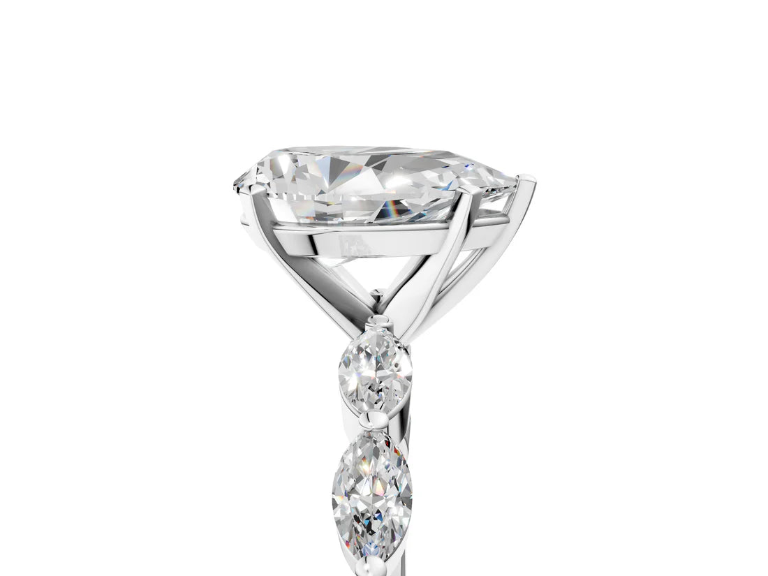Pear Cut Lab Diamond Ring with Marquise Side Stones and Prong Setting| D VS1