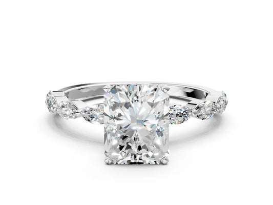 Radiant Cut Lab Diamond Ring with Marquise Side Stones and Prong Setting| D VS1