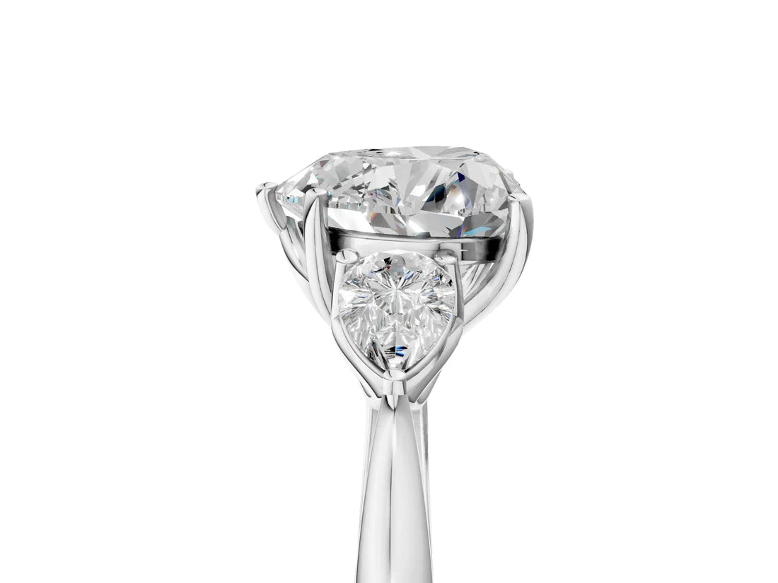 Three-Stone Heart Cut Lab Diamond Solitaire Ring with Tapered Band and Four-Prong Setting| D VS1