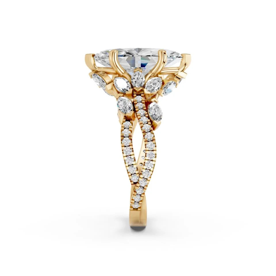 Marquise Cut Lab Grown Diamond Engagement Ring with floral side stones and split pave band| D VS1