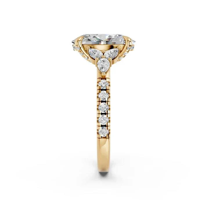 Oval Cut Lab Diamond Engagement Ring with pear side stones and pave band| D VS1