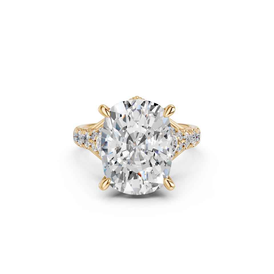 CUSHION CROWN RING WITH HIDDEN HALO AND PAVE BAND