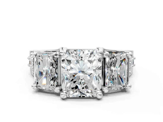 Radiant Cut Lab Diamond Engagement Ring in three stone setting with hidden halo and pave band| D VS1