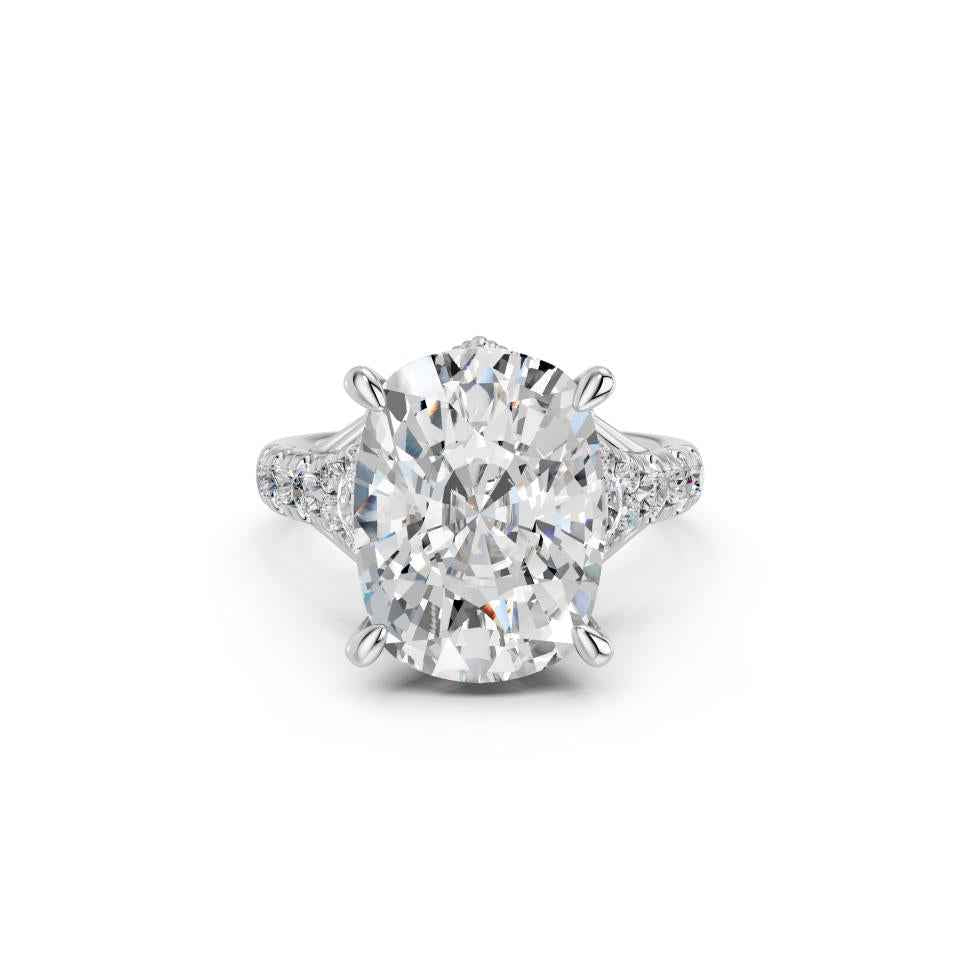 CUSHION CROWN RING WITH HIDDEN HALO AND PAVE BAND