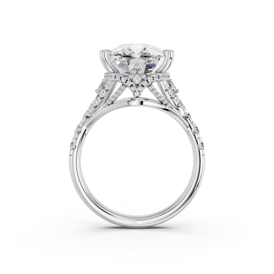 CUSHION CROWN RING WITH HIDDEN HALO AND PAVE BAND