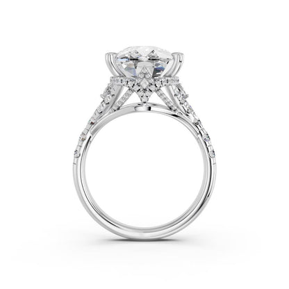 CUSHION CROWN RING WITH HIDDEN HALO AND PAVE BAND
