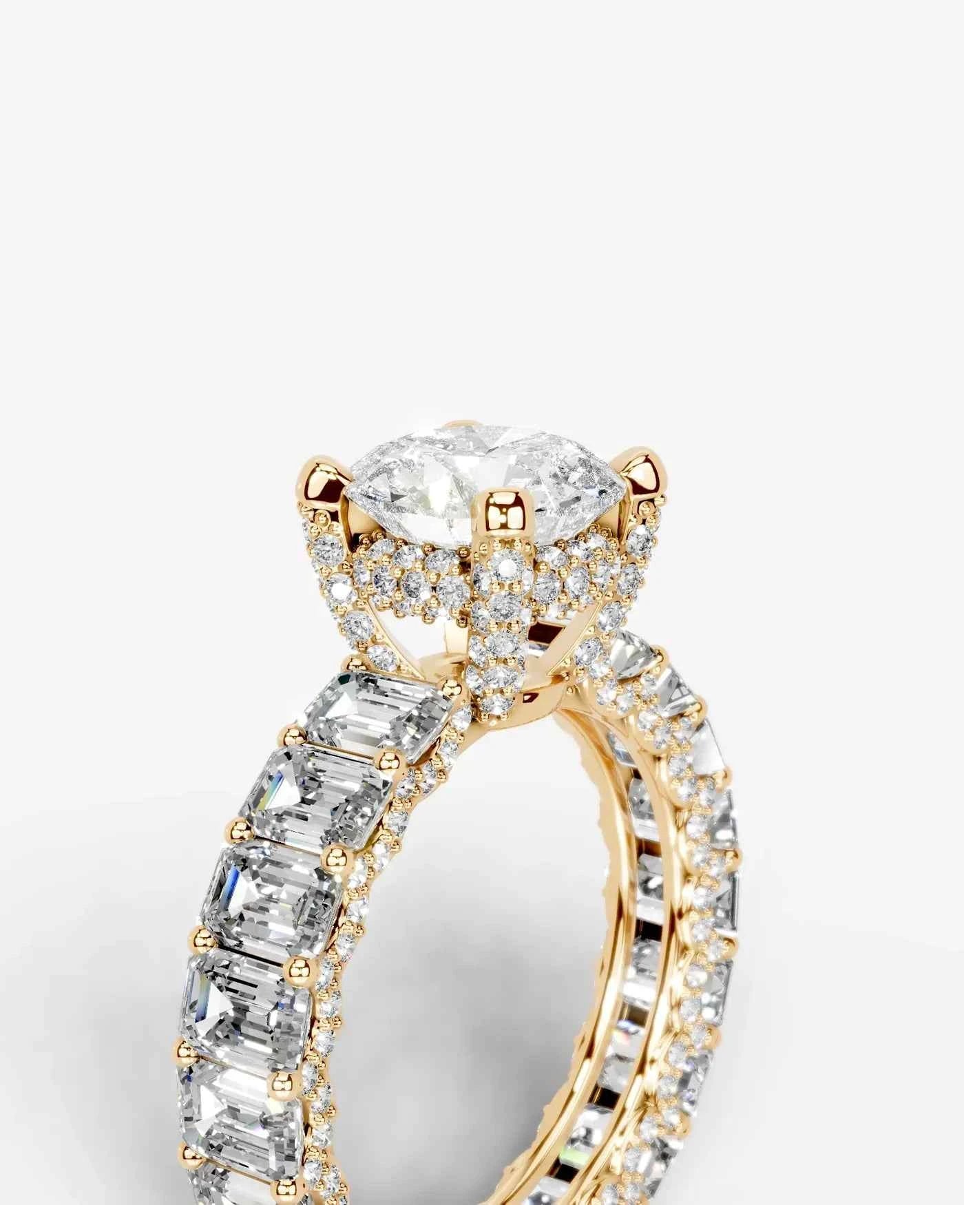 Oval Cut Lab Diamond Engagement Ring with Emerald cut eternity band and Hidden halo| D VS1