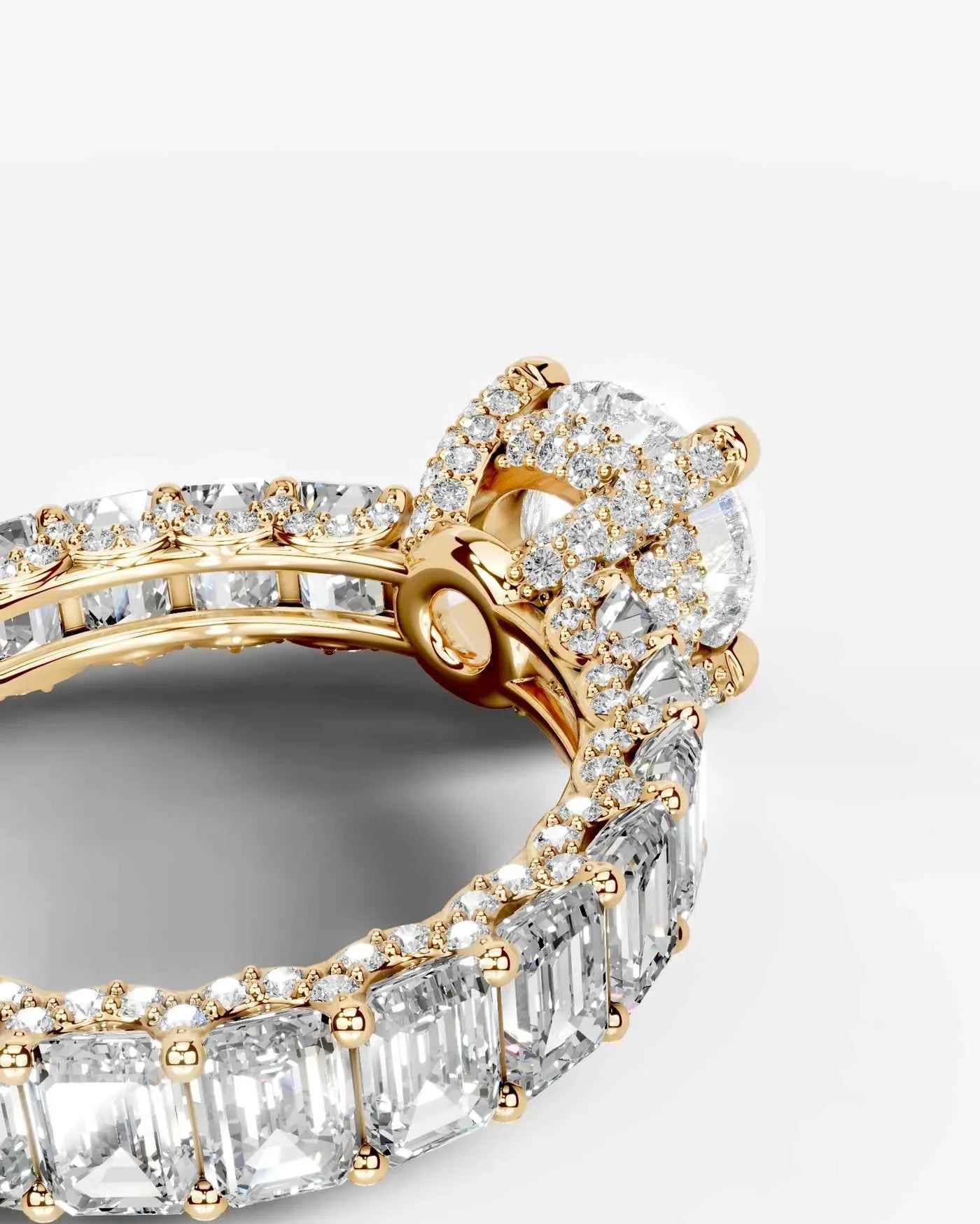 Oval Cut Lab Diamond Engagement Ring with Emerald cut eternity band and Hidden halo| D VS1
