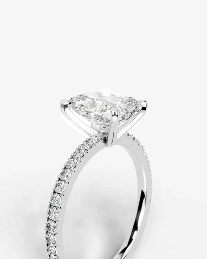 Elongated cushion Cut Solitaire Lab Grown Diamond Engagement Ring with Pavé Band | D VS1