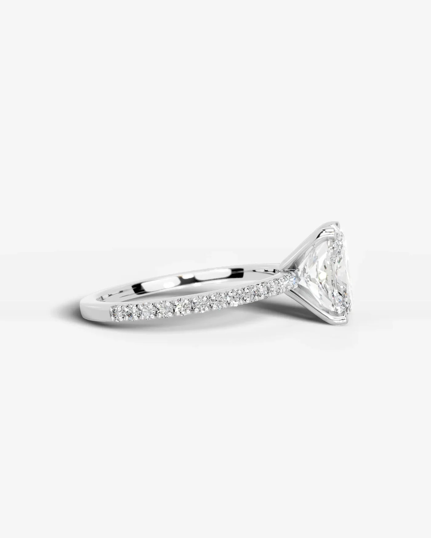 Elongated cushion Cut Solitaire Lab Grown Diamond Engagement Ring with Pavé Band | D VS1