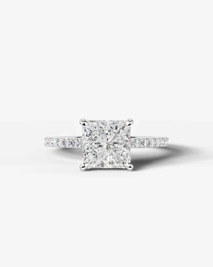 Princess Cut Solitaire Lab Grown Diamond Engagement Ring with Pavé Band | D VS1