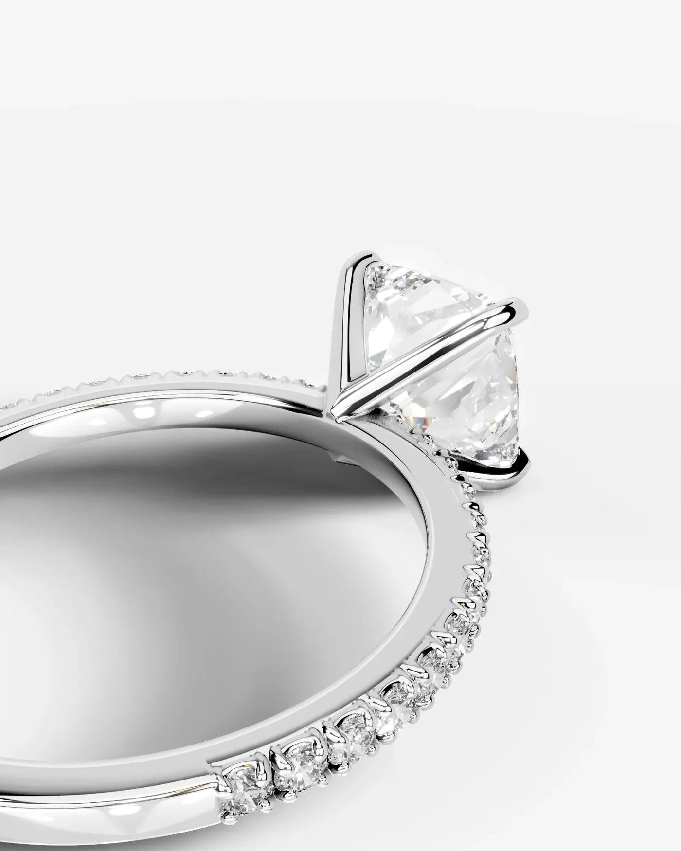 Cushion Cut Solitaire Lab Grown Diamond Engagement Ring with Pavé Band | D VS1