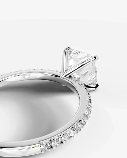 Cushion Cut Solitaire Lab Grown Diamond Engagement Ring with Pavé Band | D VS1
