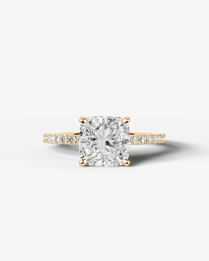 Cushion Cut Solitaire Lab Grown Diamond Engagement Ring with Pavé Band | D VS1