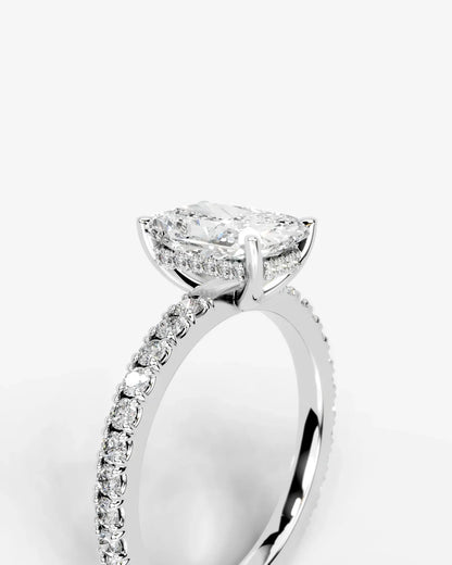 Radiant  Cut Hidden Halo Lab Grown Diamond Engagement Ring with Pavé Band and Four-Prong Setting| D VS1