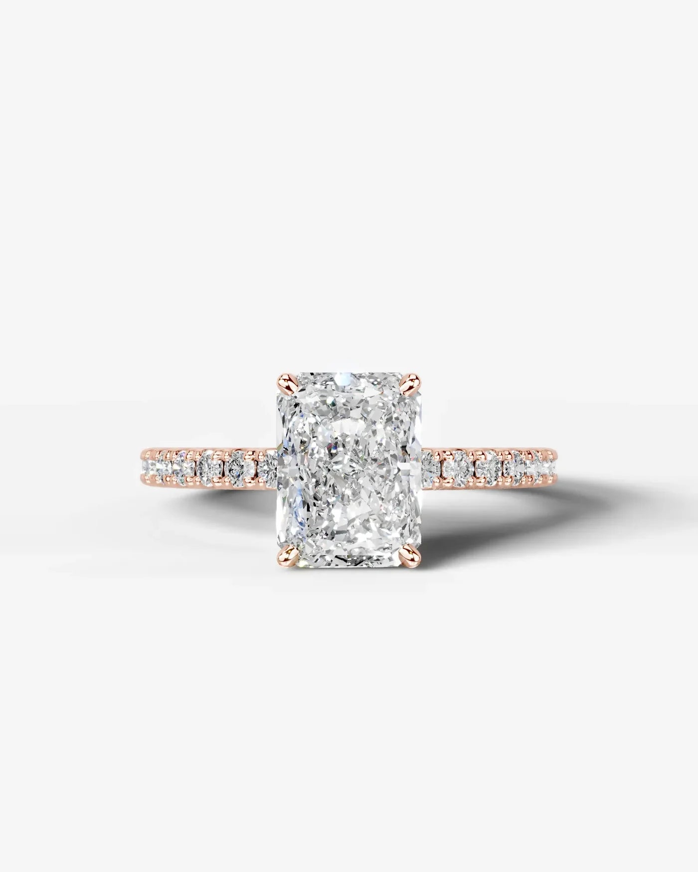 Radiant  Cut Hidden Halo Lab Grown Diamond Engagement Ring with Pavé Band and Four-Prong Setting| D VS1