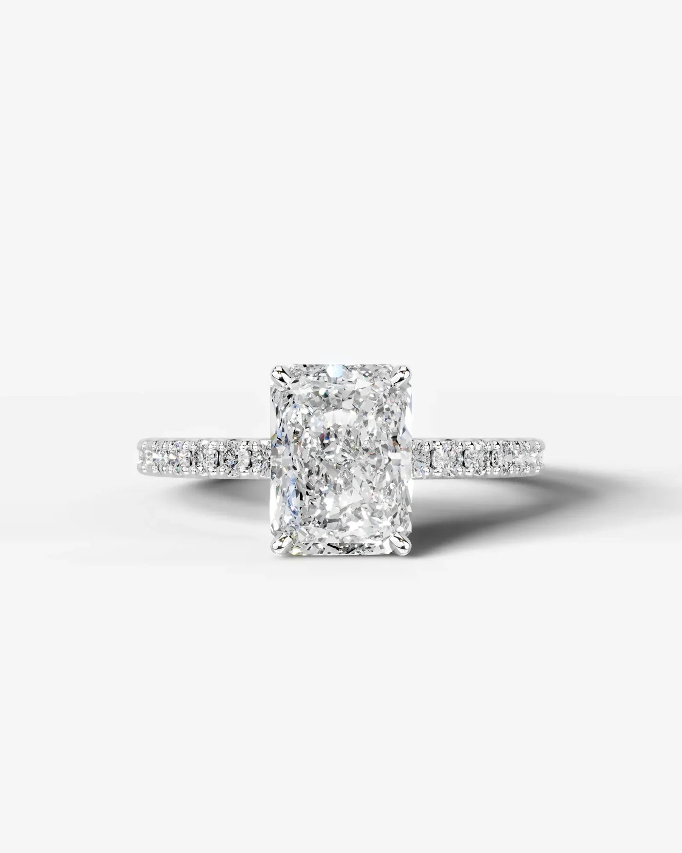 Radiant  Cut Hidden Halo Lab Grown Diamond Engagement Ring with Pavé Band and Four-Prong Setting| D VS1