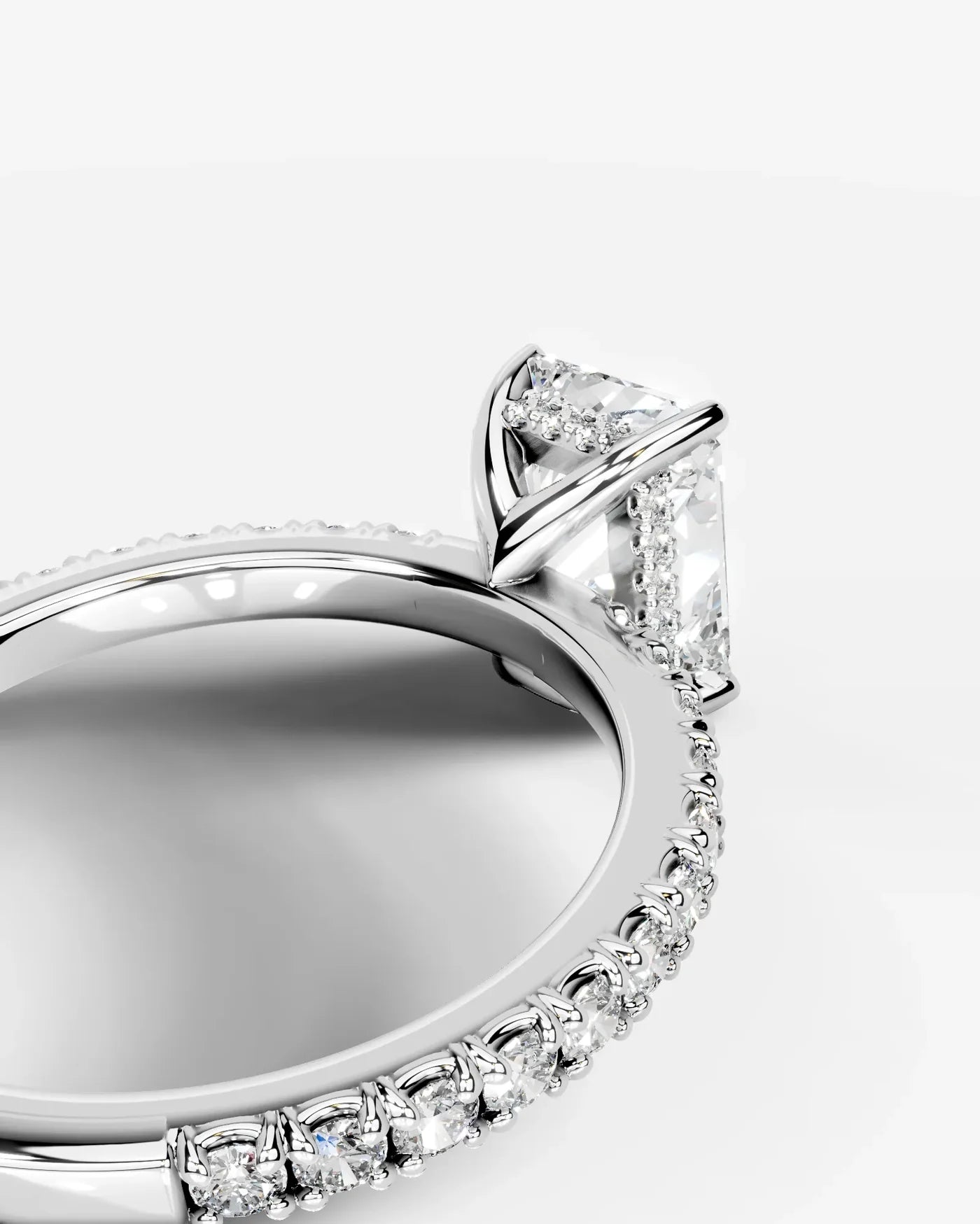 Radiant  Cut Hidden Halo Lab Grown Diamond Engagement Ring with Pavé Band and Four-Prong Setting| D VS1