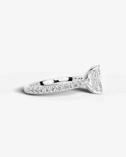 Radiant  Cut Hidden Halo Lab Grown Diamond Engagement Ring with Pavé Band and Four-Prong Setting| D VS1