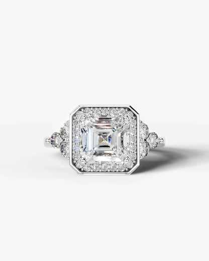 Asscher Cut Halo Lab Grown Diamond Engagement Ring with Side Stones| D VS1