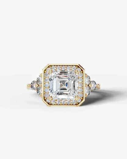 Asscher Cut Halo Lab Grown Diamond Engagement Ring with Side Stones| D VS1