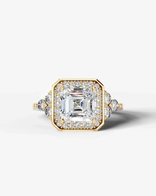 Asscher Cut Halo Lab Grown Diamond Engagement Ring with Side Stones| D VS1