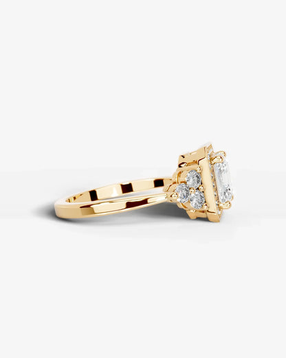 Asscher Cut Halo Lab Grown Diamond Engagement Ring with Side Stones| D VS1