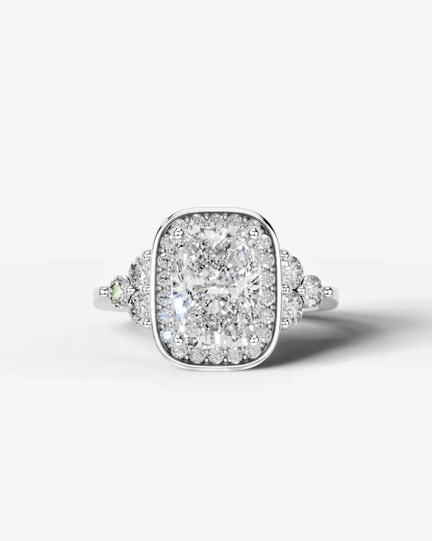 Radiant Cut Halo Lab Grown Diamond Engagement Ring with Side Stones| D VS1