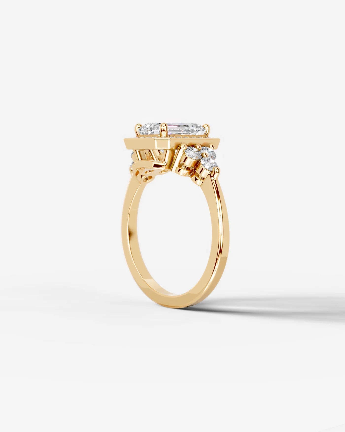 Emerald Cut Halo Lab Grown Diamond Engagement Ring with Side Stones| D VS1