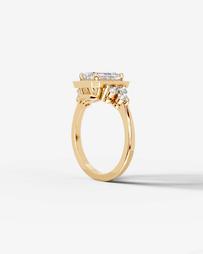 Emerald Cut Halo Lab Grown Diamond Engagement Ring with Side Stones| D VS1