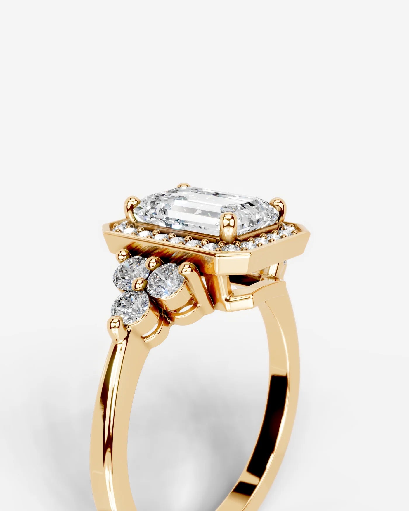 Emerald Cut Halo Lab Grown Diamond Engagement Ring with Side Stones| D VS1