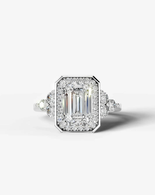 Emerald Cut Halo Lab Grown Diamond Engagement Ring with Side Stones| D VS1