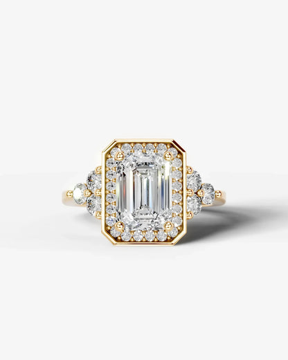 Emerald Cut Halo Lab Grown Diamond Engagement Ring with Side Stones| D VS1
