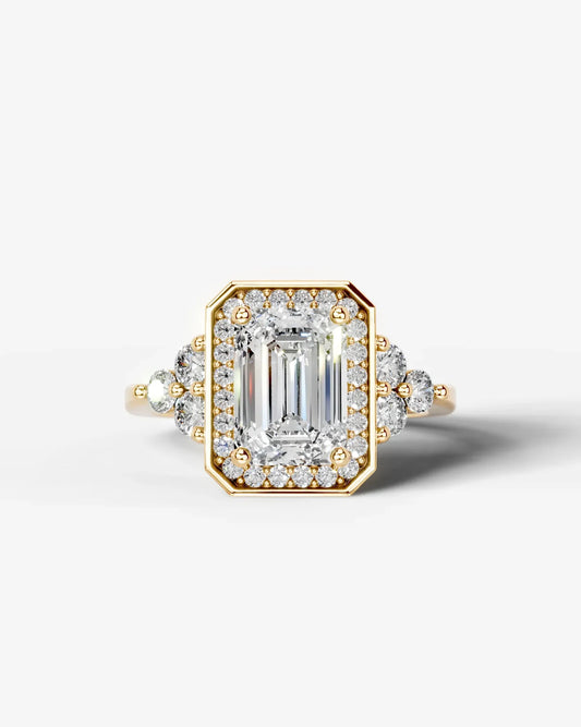 Emerald Cut Halo Lab Grown Diamond Engagement Ring with Side Stones| D VS1