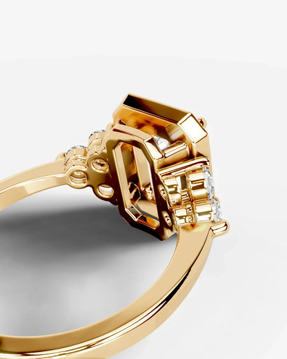 Emerald Cut Halo Lab Grown Diamond Engagement Ring with Side Stones| D VS1