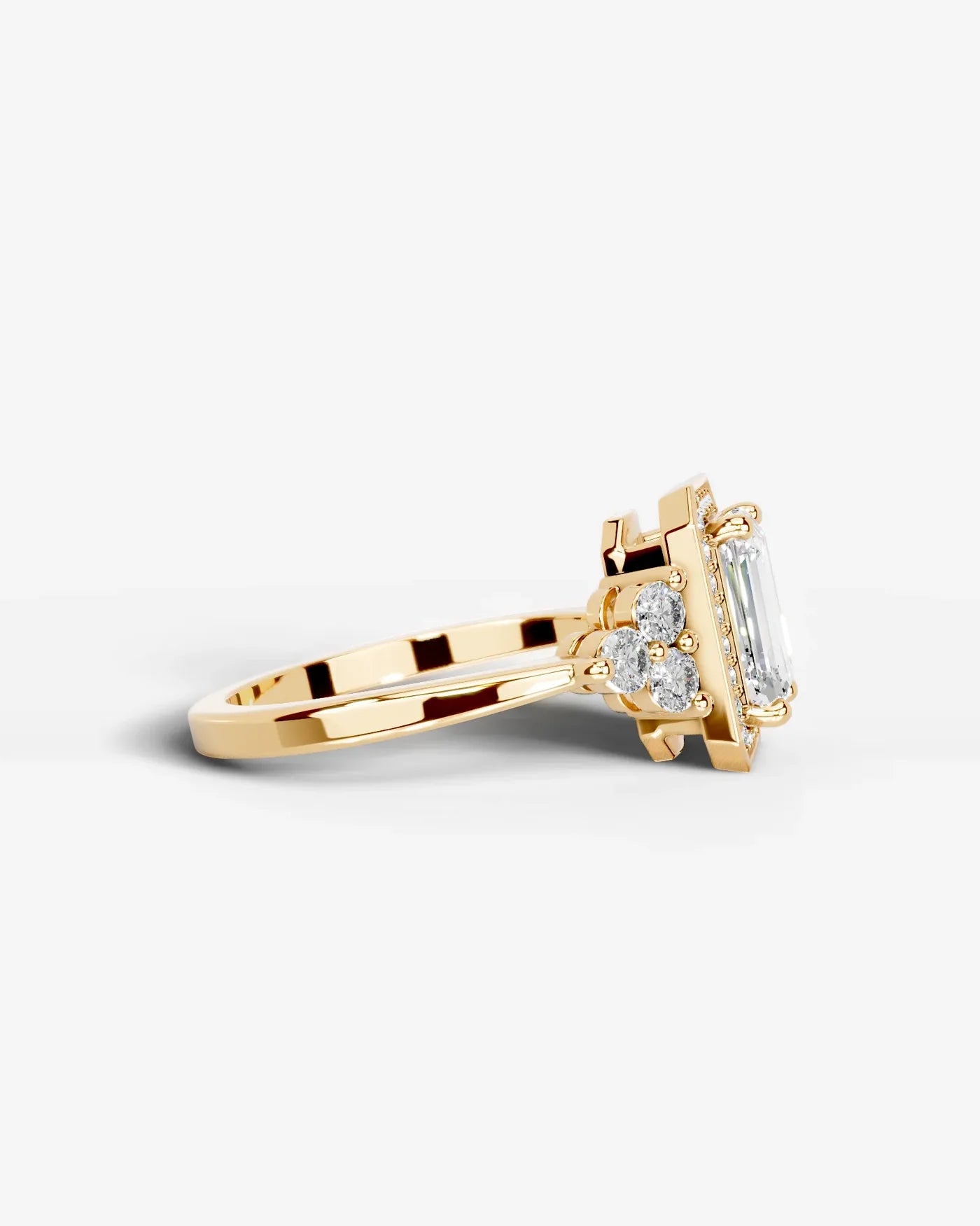 Emerald Cut Halo Lab Grown Diamond Engagement Ring with Side Stones| D VS1