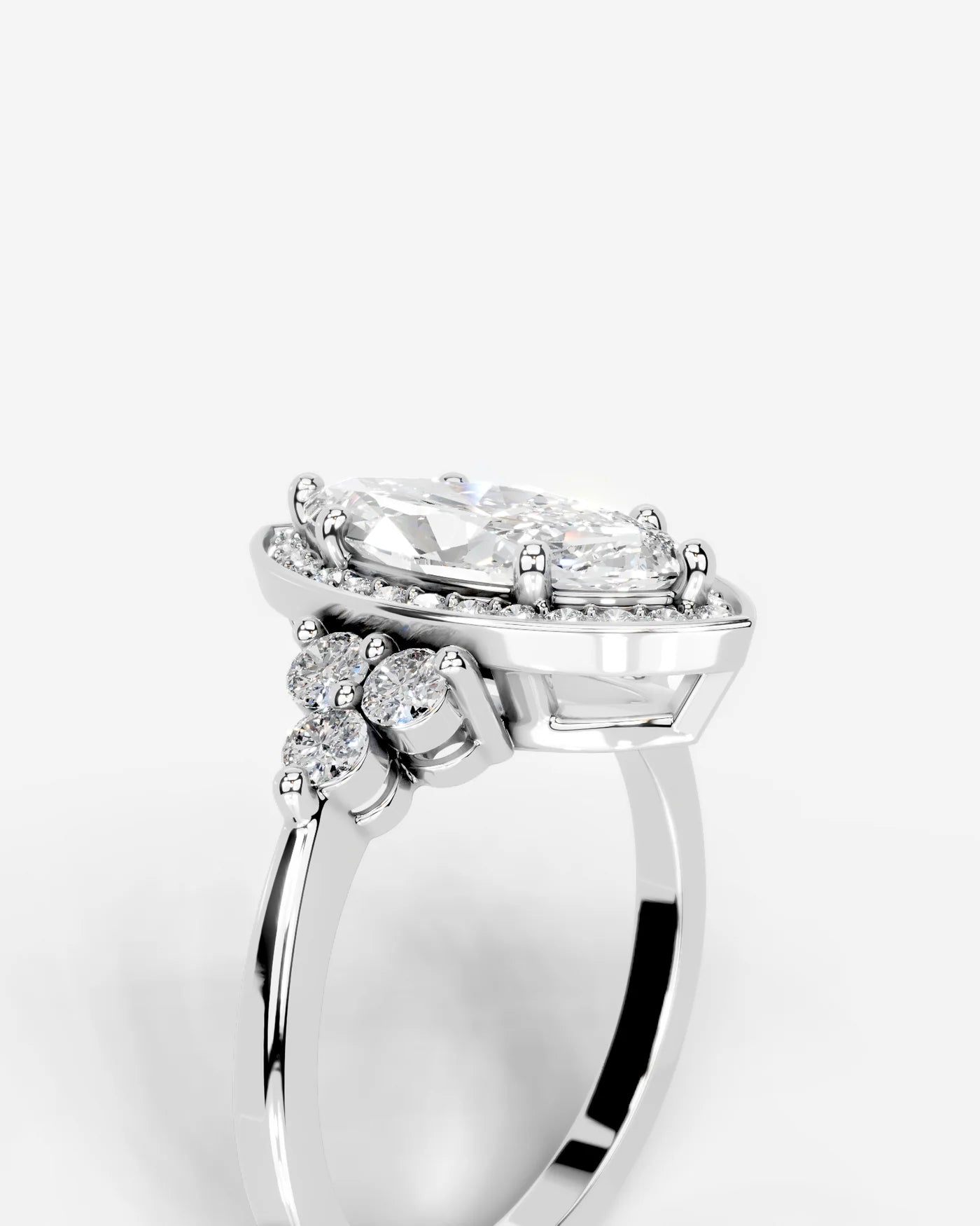 Marquise Cut Halo Lab Grown Diamond Engagement Ring with Side Stones| D VS1