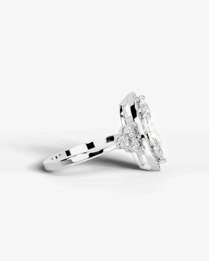 Marquise Cut Halo Lab Grown Diamond Engagement Ring with Side Stones| D VS1