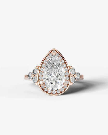 Pear Cut Halo Lab Grown Diamond Engagement Ring with Side Stones| D VS1