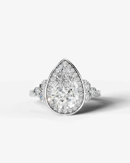 Pear Cut Halo Lab Grown Diamond Engagement Ring with Side Stones| D VS1