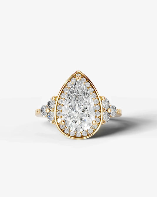 Pear Cut Halo Lab Grown Diamond Engagement Ring with Side Stones| D VS1