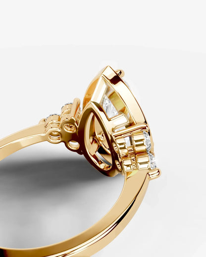Pear Cut Halo Lab Grown Diamond Engagement Ring with Side Stones| D VS1