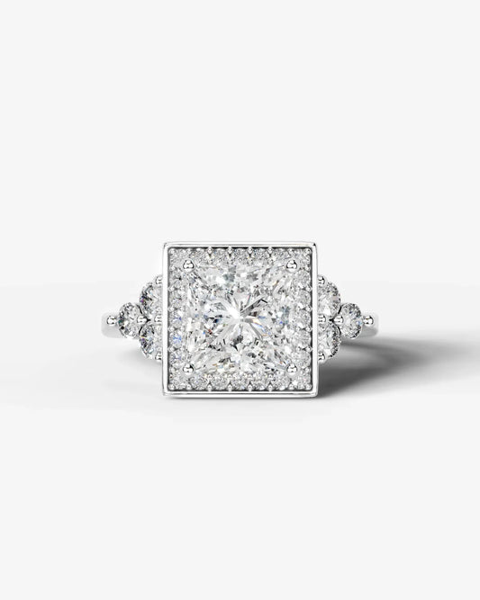 Princess Cut Halo Lab Grown Diamond Engagement Ring with Side Stones| D VS1