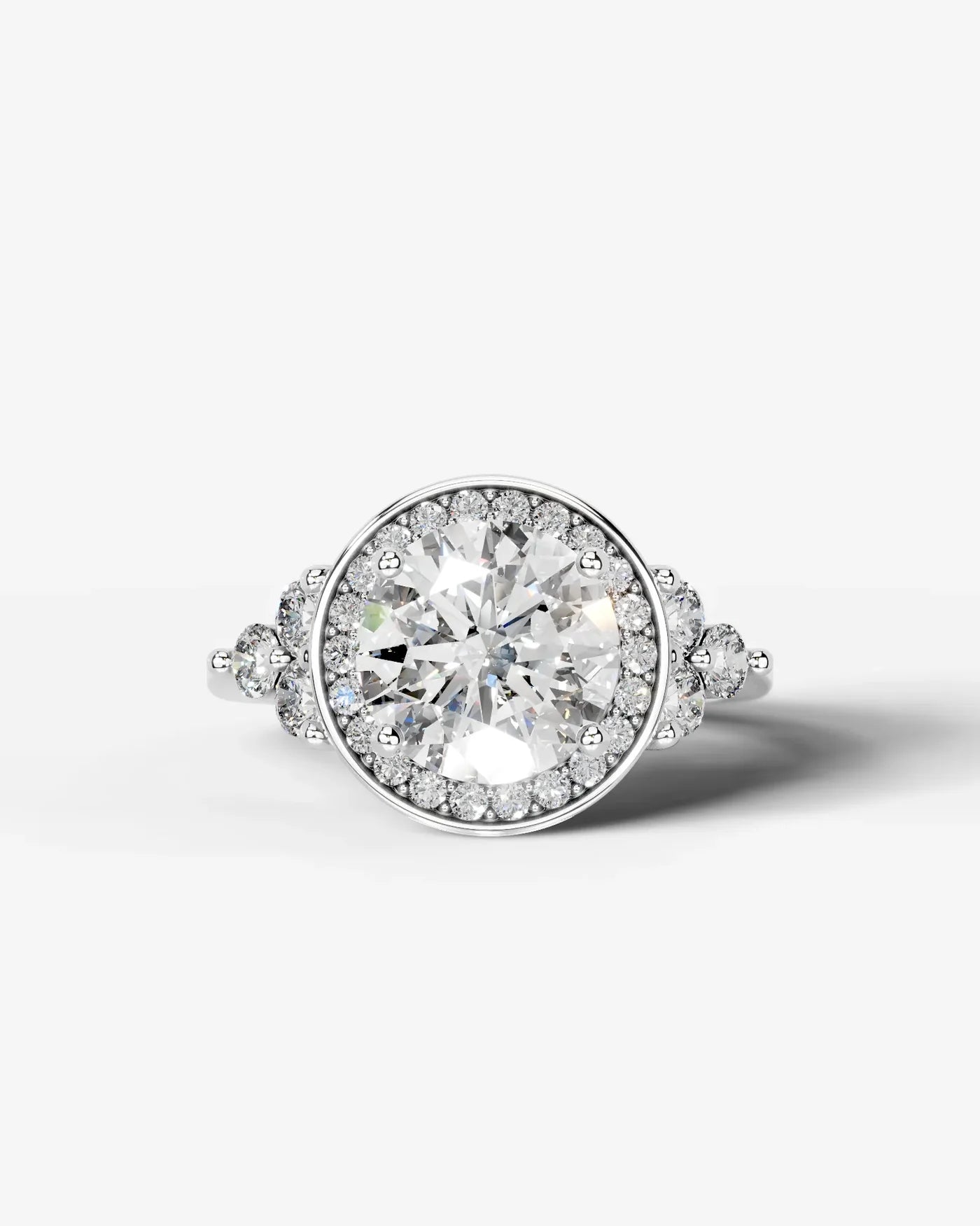 Round Cut Halo Lab Grown Diamond Engagement Ring with Side Stones| D VS1