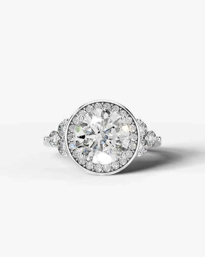 Round Cut Halo Lab Grown Diamond Engagement Ring with Side Stones| D VS1