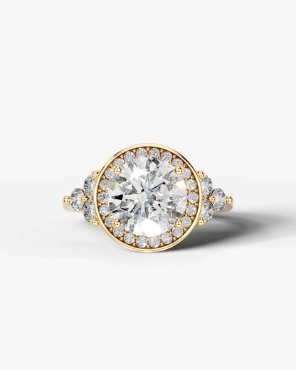 Round Cut Halo Lab Grown Diamond Engagement Ring with Side Stones| D VS1