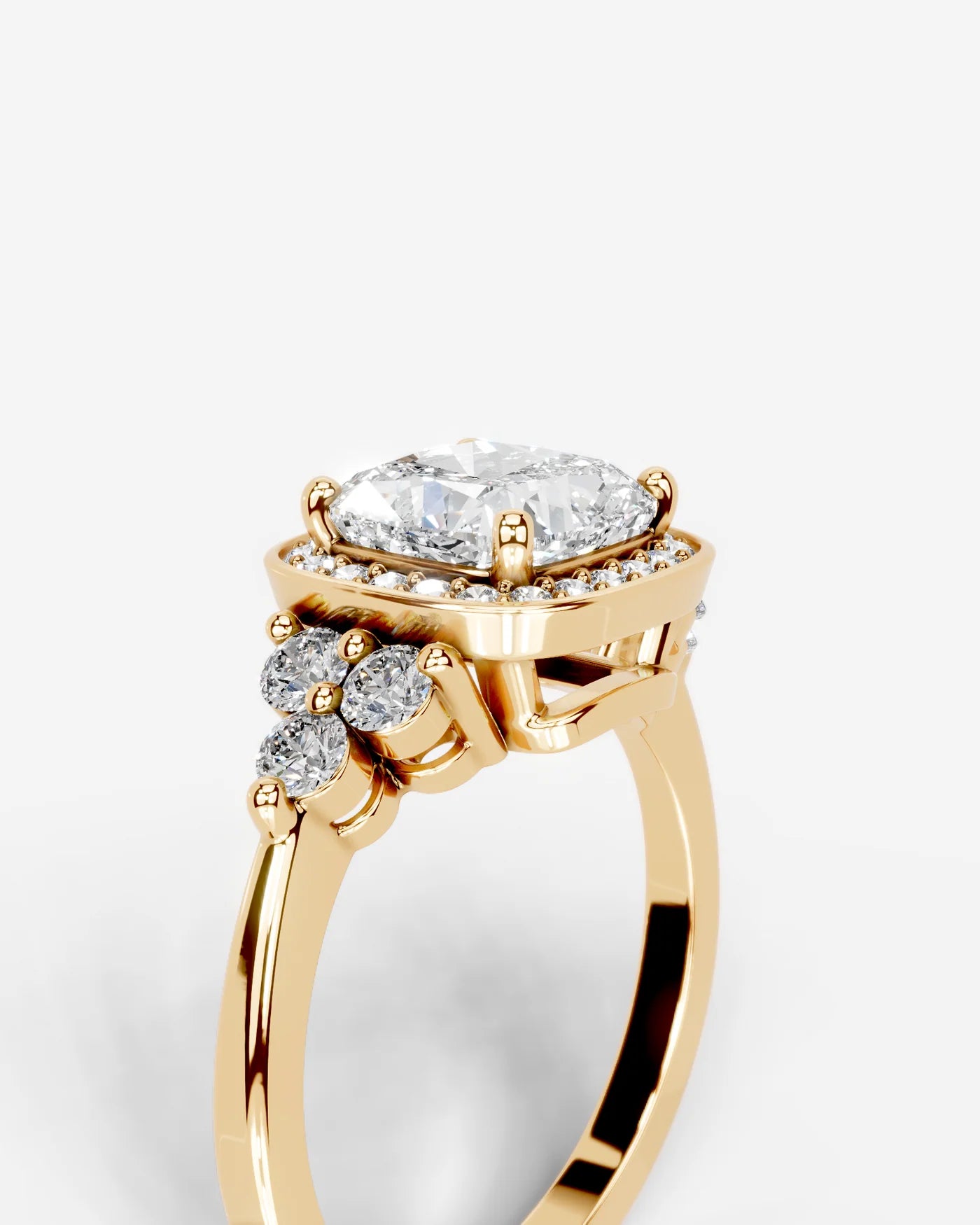 Cushion Cut Halo Lab Grown Diamond Engagement Ring with Side Stones| D VS1