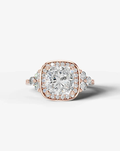 Cushion Cut Halo Lab Grown Diamond Engagement Ring with Side Stones| D VS1