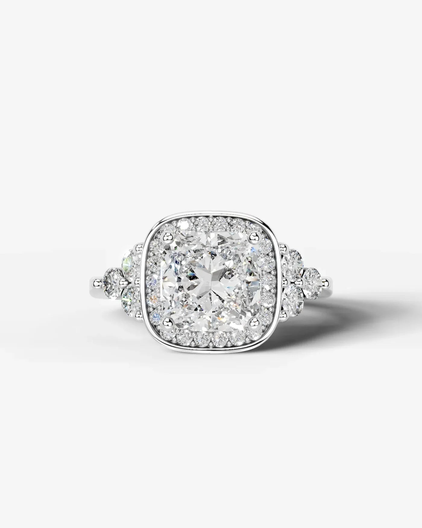 Cushion Cut Halo Lab Grown Diamond Engagement Ring with Side Stones| D VS1